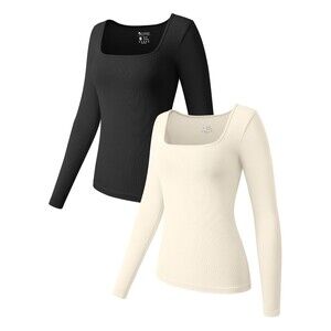 OQQ Long Sleeve Square Neck Large 2 Piece T-Shirt Tops Stretch Slimming Fitting
